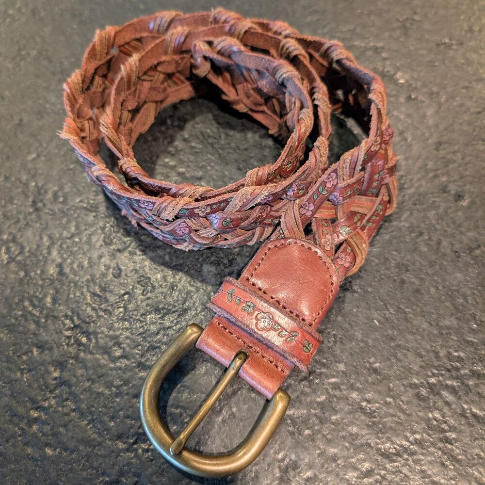 Fossil Brown Leather Belt Braided w/Flowers Womens Size Small